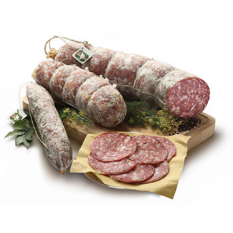 Finocchiona Toscana IGP traditionelle italienische Fenchelsalami aus Schweinefleisch mit sichtbarer grober Struktur