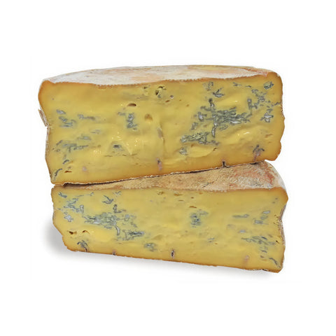 Formaggio Gialloblù Erborinato italienischer Blauschimmelkäse aus Kuhmilch mit Safran, gelbe cremige Käsemasse mit typischen blaugrünen Edelpilzadern
